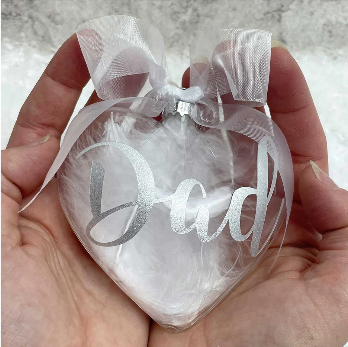 Feather Filled Glass Heart Memorial Bauble