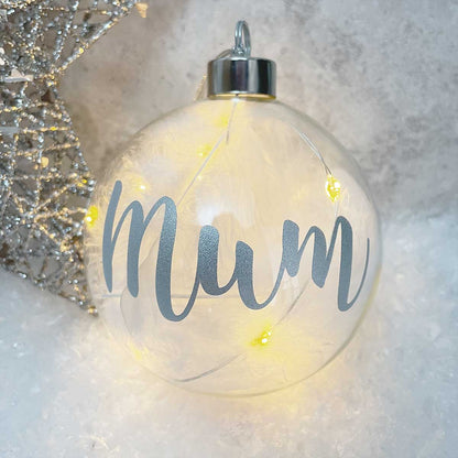 Personalised White Feather Filled Large LED Glass Bauble