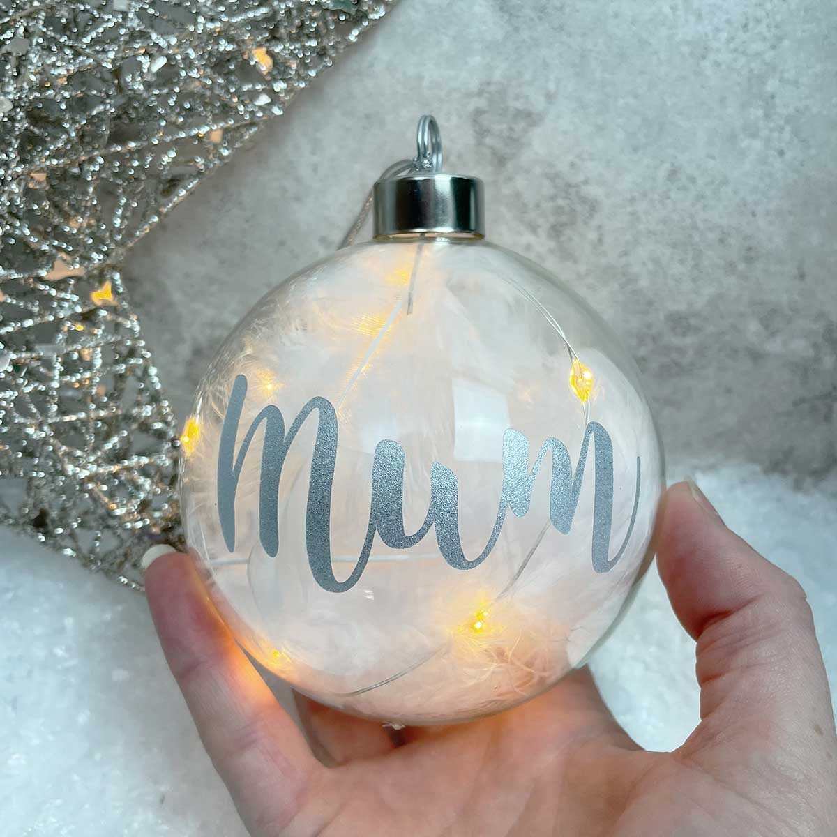 Personalised White Feather Filled Large LED Glass Bauble