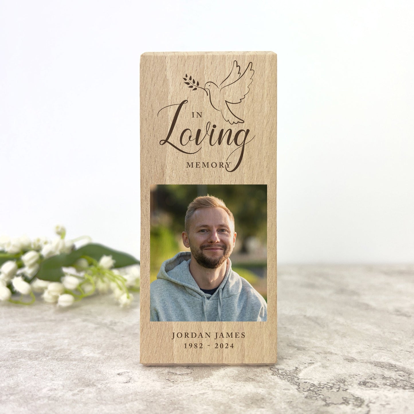 Personalised Memorial Dove Solid Wood Photo Tea Light Holder - 2 Sizes