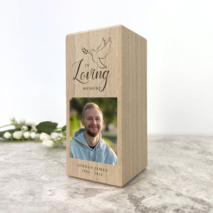 Personalised Memorial Dove Solid Wood Photo Tea Light Holder - 2 Sizes