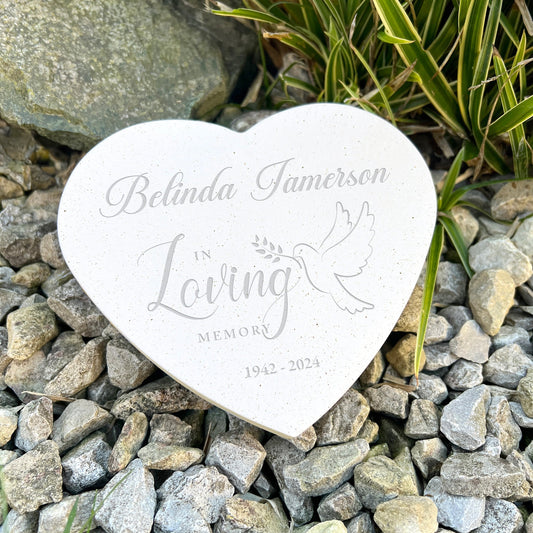 Personalised Engraved In Loving Memory Dove Resin Heart Grave Marker