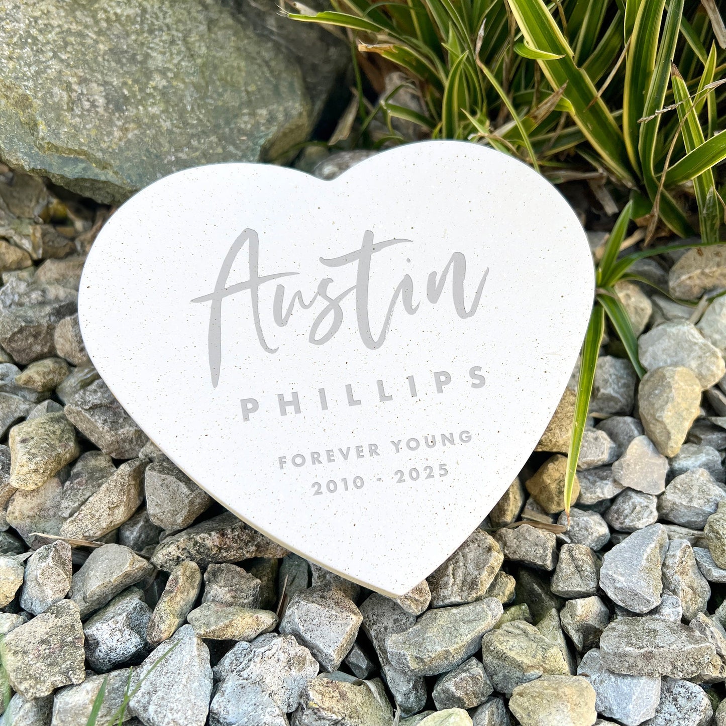 Personalised Modern Script Engraved Resin Heart Grave Marker