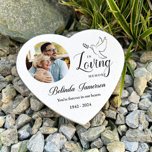 Personalised In Loving Memory Dove Photo Resin Heart Grave Marker