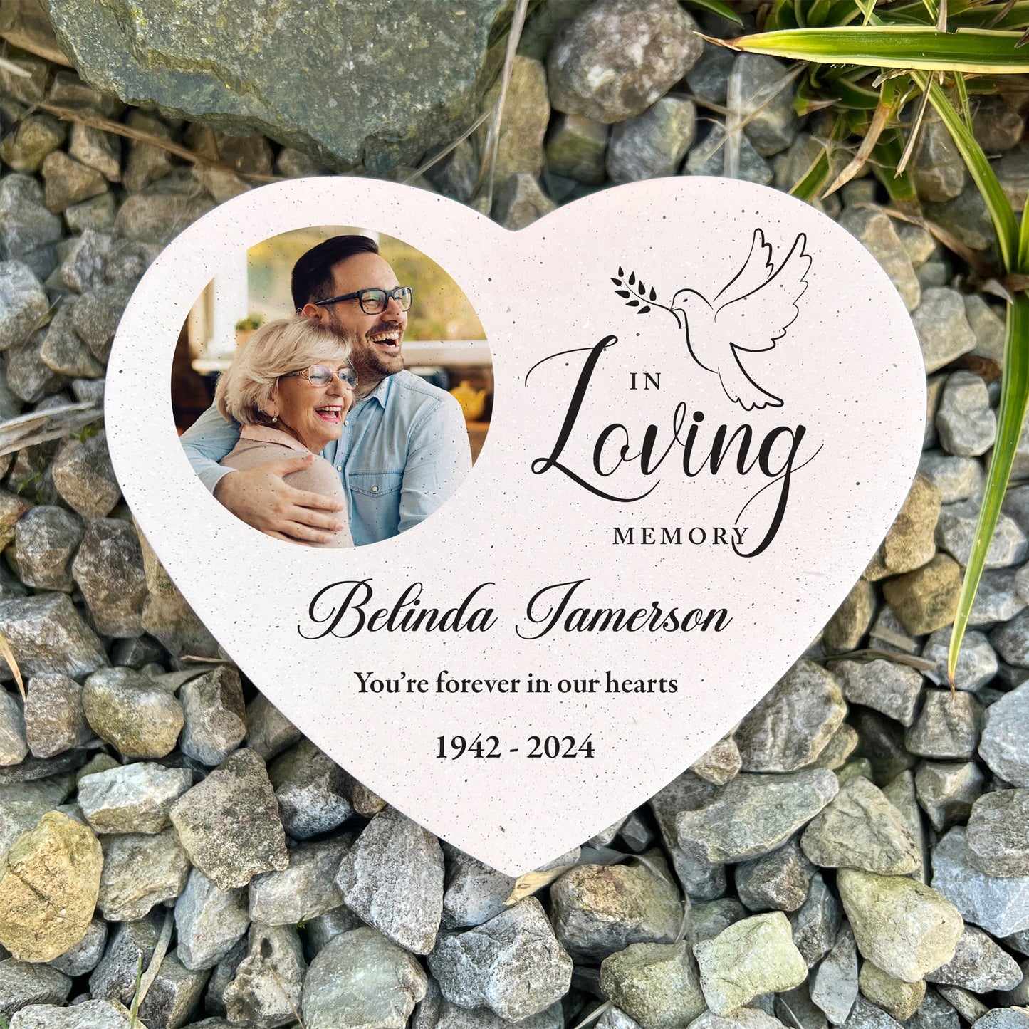 Personalised In Loving Memory Dove Photo Resin Heart Grave Marker