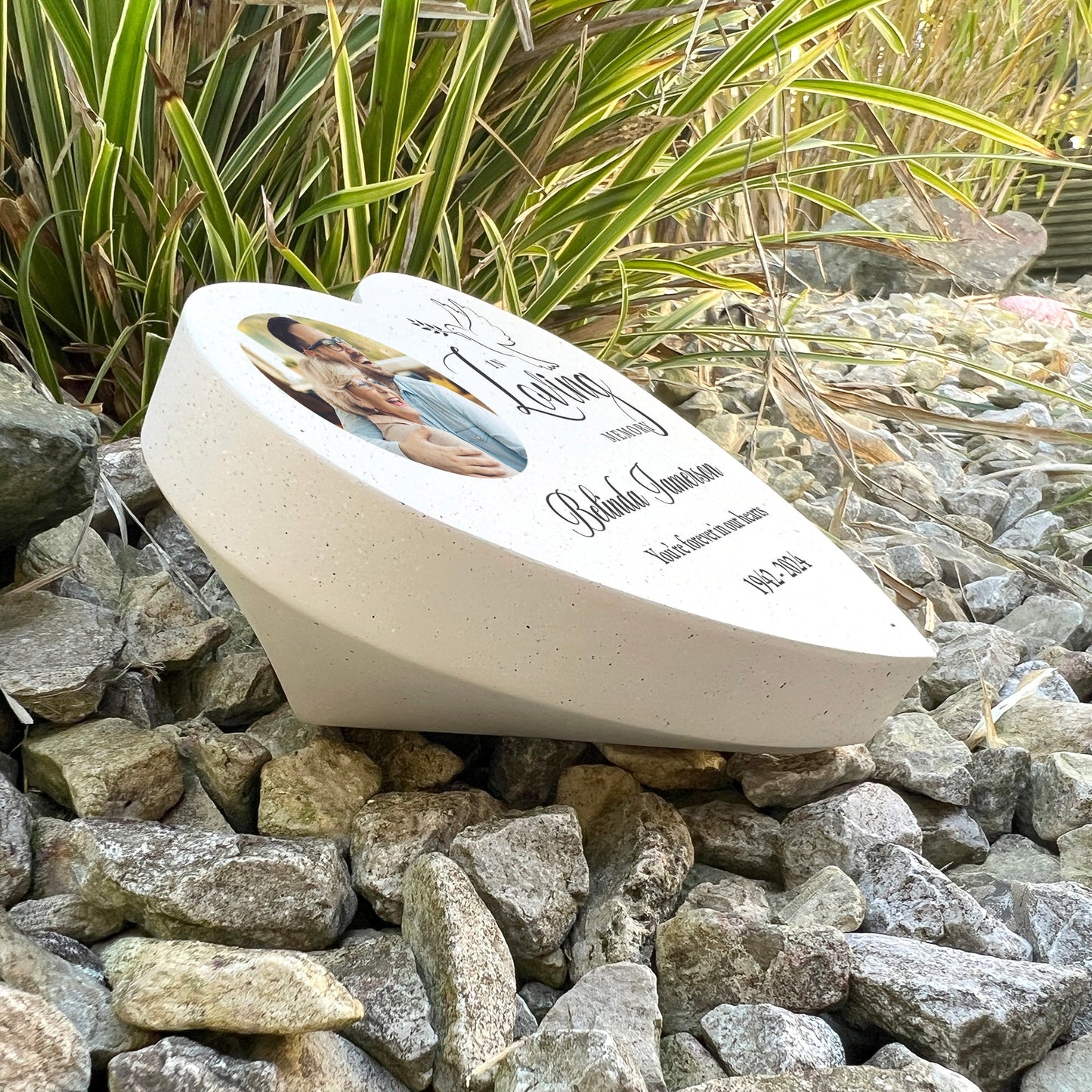 Personalised In Loving Memory Dove Photo Resin Heart Grave Marker