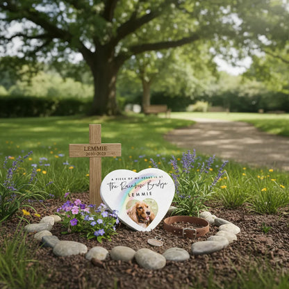 Personalised Pet Rainbow Bridge Photo Resin Heart Grave Marker