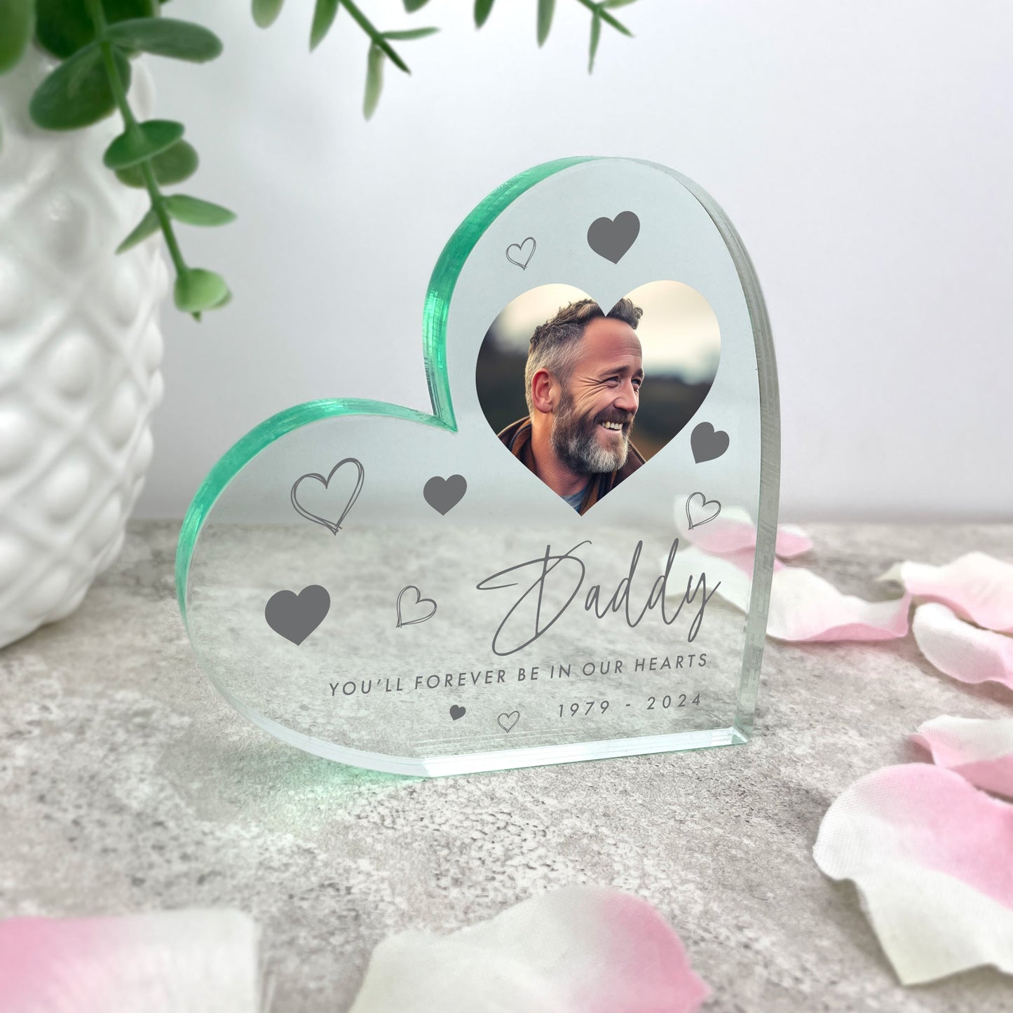 Personalised Hearts Memorial Photo Freestanding Acrylic Heart