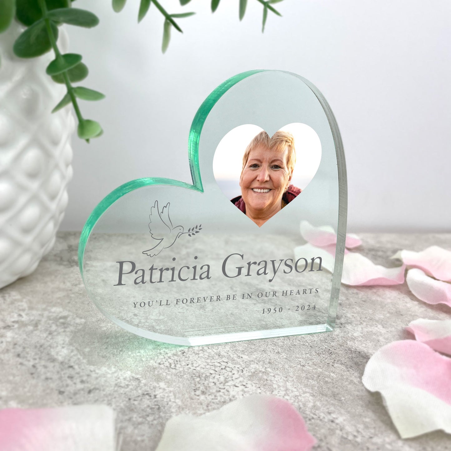 Personalised Dove Memorial Photo Freestanding Acrylic Heart