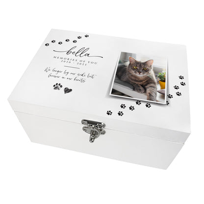 Personalised Paw Prints Pet Memorial White Wooden Photo Memory Box - 3 Sizes