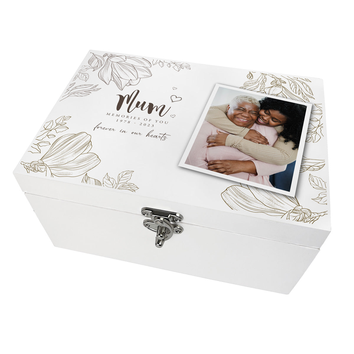 Personalised Floral White Wooden Memorial Photo Keepsake Memory Box - 3 Sizes