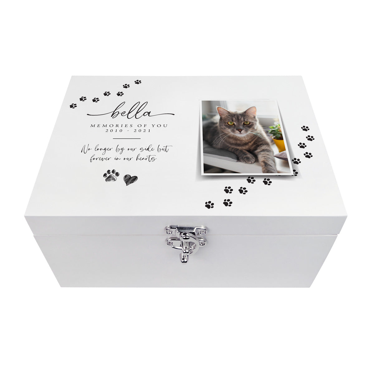 Personalised Paw Prints Pet Memorial White Wooden Photo Memory Box - 3 Sizes