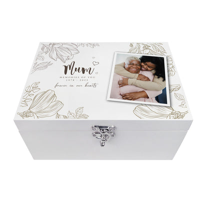 Personalised Floral White Wooden Memorial Photo Keepsake Memory Box - 3 Sizes