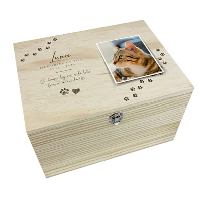 Personalised Paw Prints Pine Wooden Pet Memorial Photo Memory Box - 5 Sizes