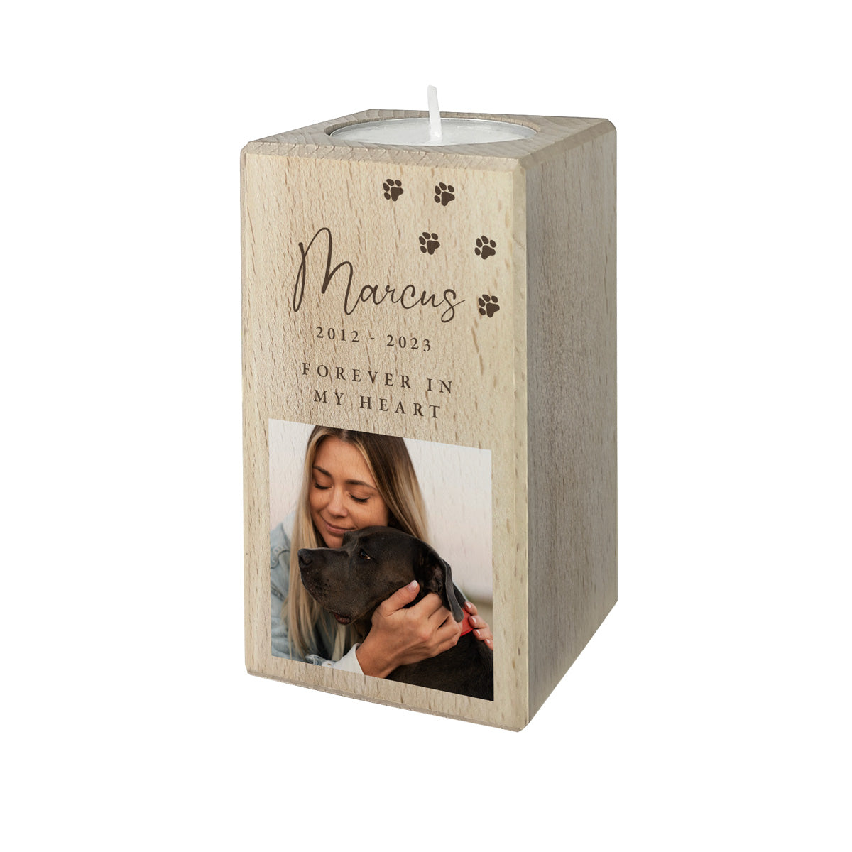 Personalised Solid Wooden Photo Pet Memorial Tea Light Holder - 2 Sizes