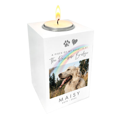 Personalised Pet Memorial Rainbow Bridge Photo White Tea Light Holder