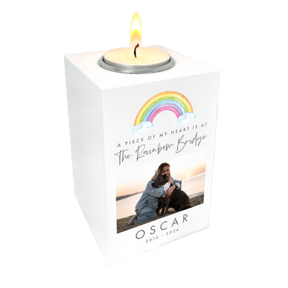 Personalised Watercolour Rainbow Pet Memorial Photo White Tea Light Holder