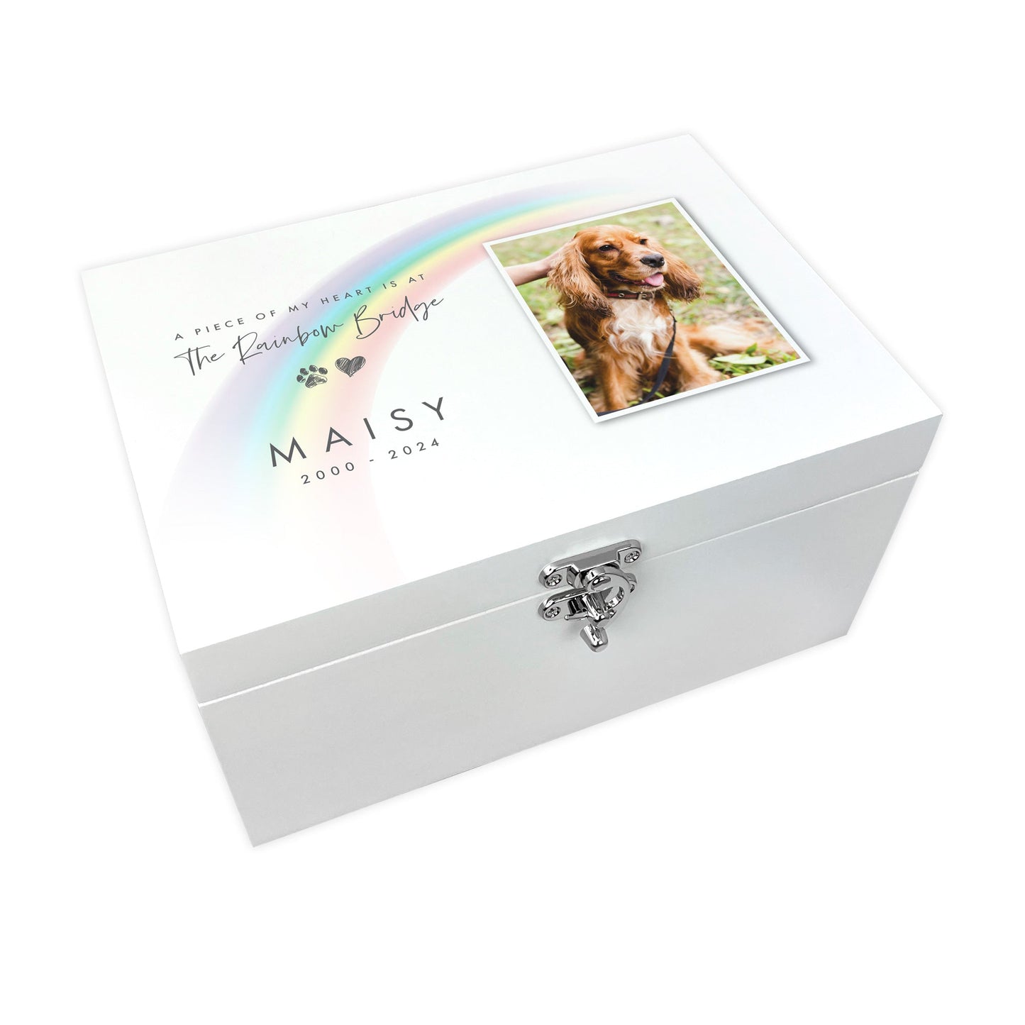 Personalised White Wooden Rainbow Bridge Pet Photo Memorial Keepsake Box - 3 Sizes