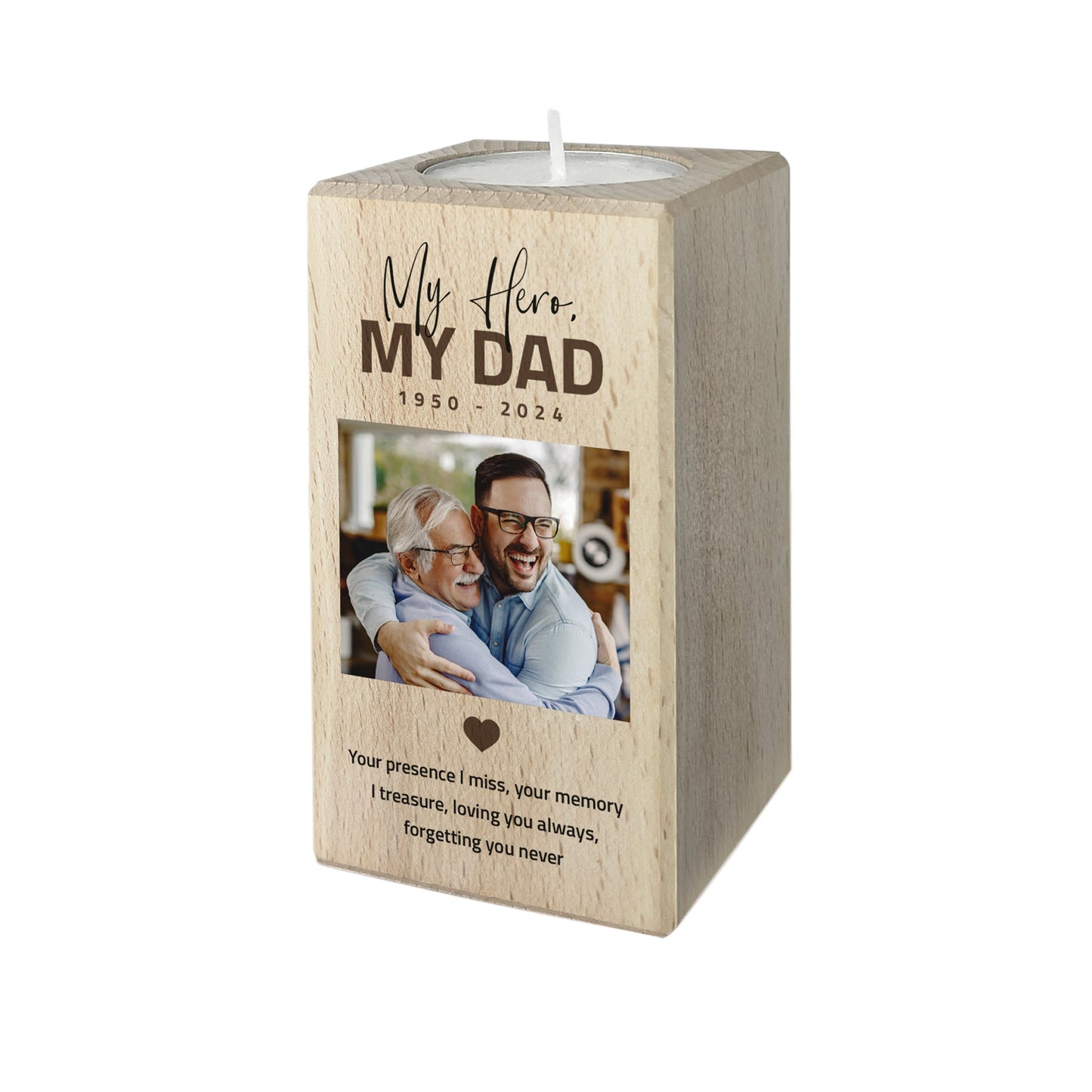 Personalised Memorial Bold Text Solid Wood Photo Tea Light Holder - 2 Sizes