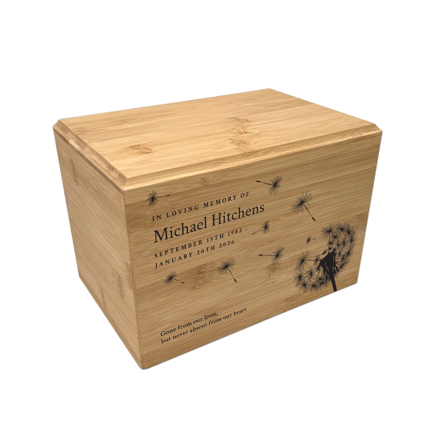 Personalised Bamboo Urn For Cremation Ashes - Dandelion Design