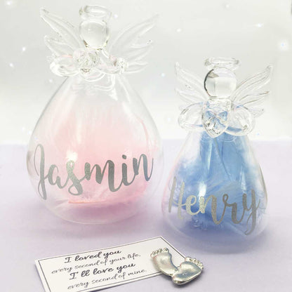 Personalised Memorial Angel. Clear Glass. Filled With Baby Pink or Baby Blue Feathers.