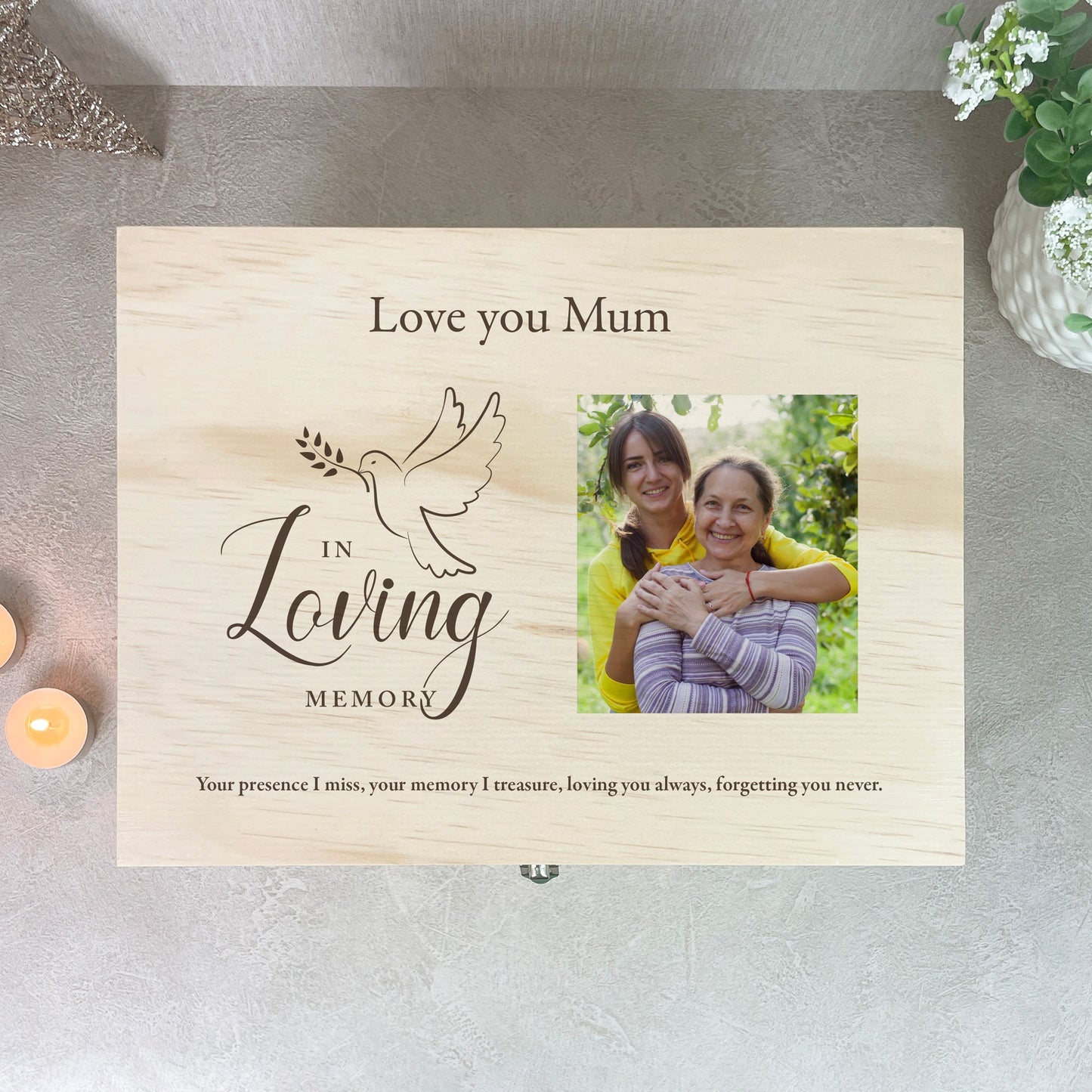 Personalised In Loving Memory Dove Photo Keepsake Box - 5 Sizes (16cm | 20cm | 26cm | 30cm | 36cm)