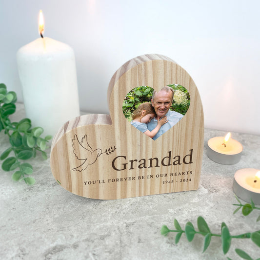 Personalised In Loving Memory Dove Photo Freestanding Wooden Heart