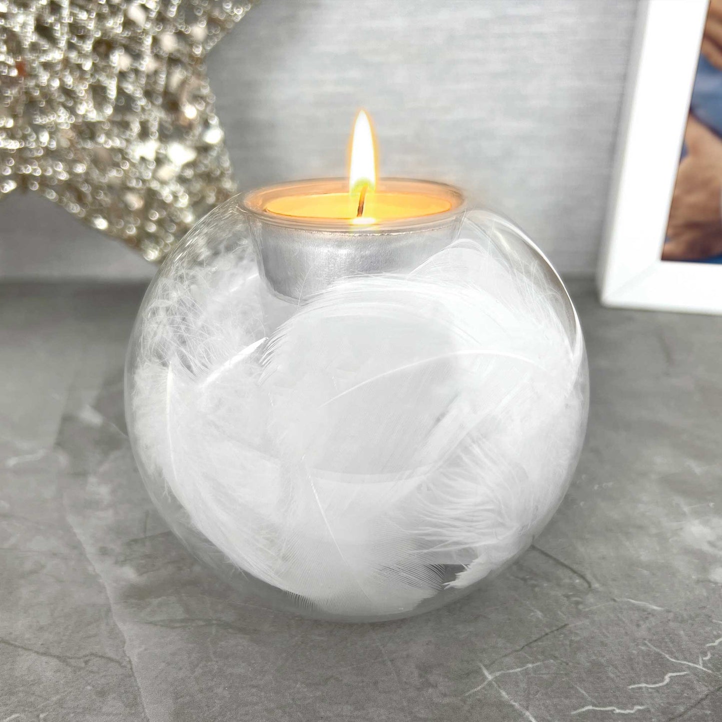 Glass Feather Filled Tea Light Holder