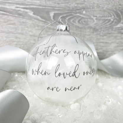 Personalised White Feather Filled Feathers Appear Glass Memorial Bauble