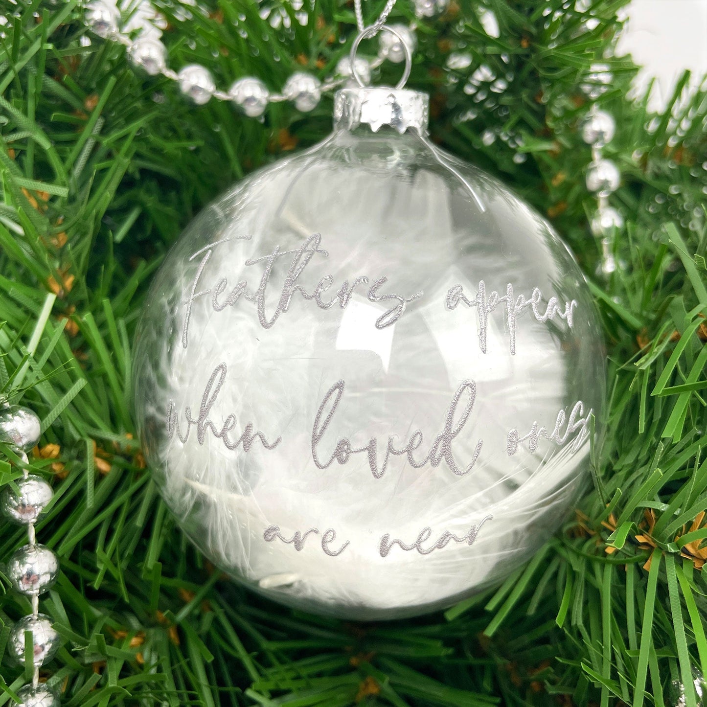 Personalised White Feather Filled Feathers Appear Glass Memorial Bauble