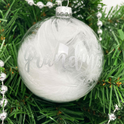 Personalised White Feather Filled Feathers Appear Glass Memorial Bauble