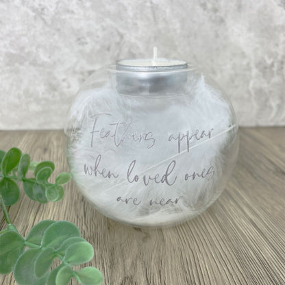 Personalised 'Feathers Appear' Feather Filled Glass Memorial Tea Light Holder