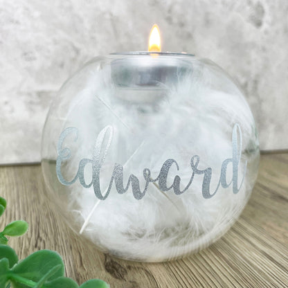 Personalised 'Feathers Appear' Feather Filled Glass Memorial Tea Light Holder