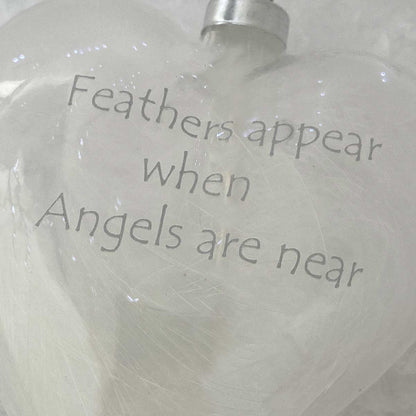 White Feather Filled Memorial Glass Heart Bauble 10cm