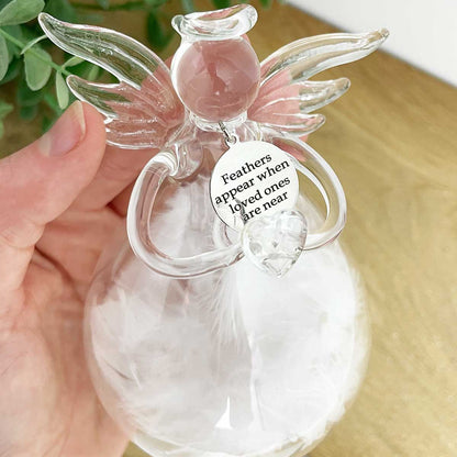 "Feathers Appear When Loved Ones Are Near" Large Feather Filled Glass Memorial Angel