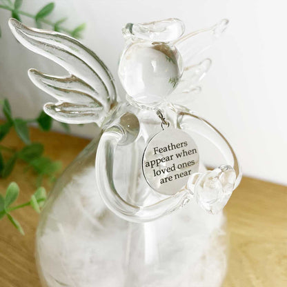 "Feathers Appear When Loved Ones Are Near" Large Feather Filled Glass Memorial Angel