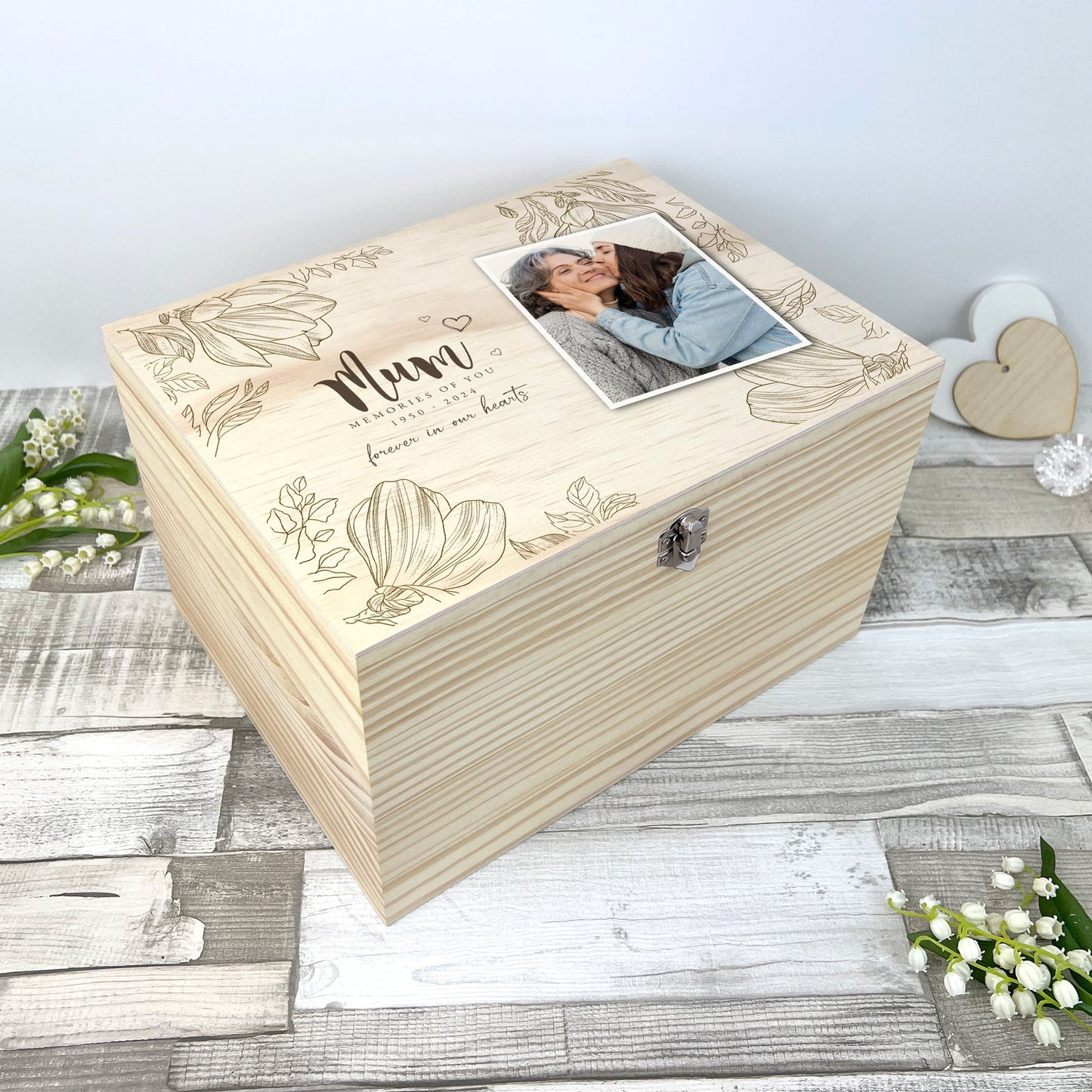 Personalised Floral Wooden Memorial Photo Keepsake Memory Box - 5 Sizes