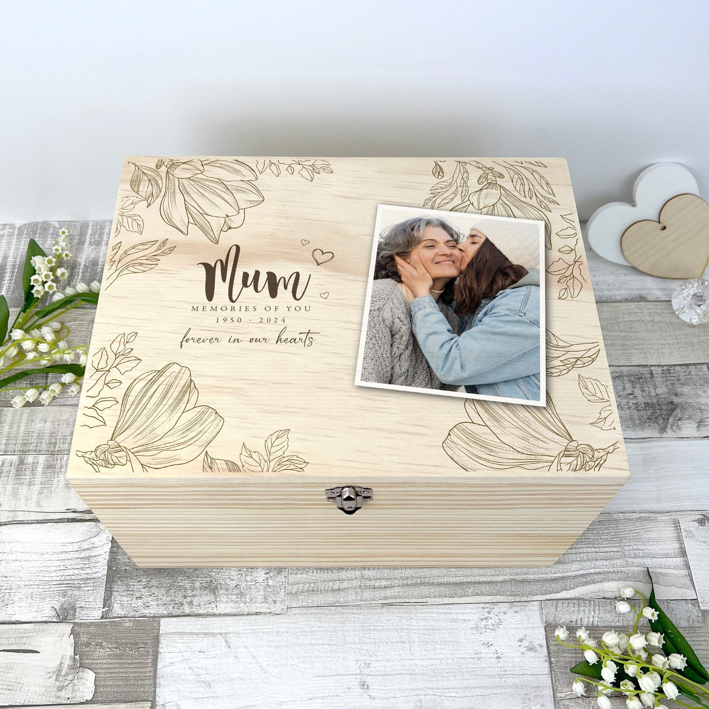 Personalised Floral Wooden Memorial Photo Keepsake Memory Box - 5 Sizes