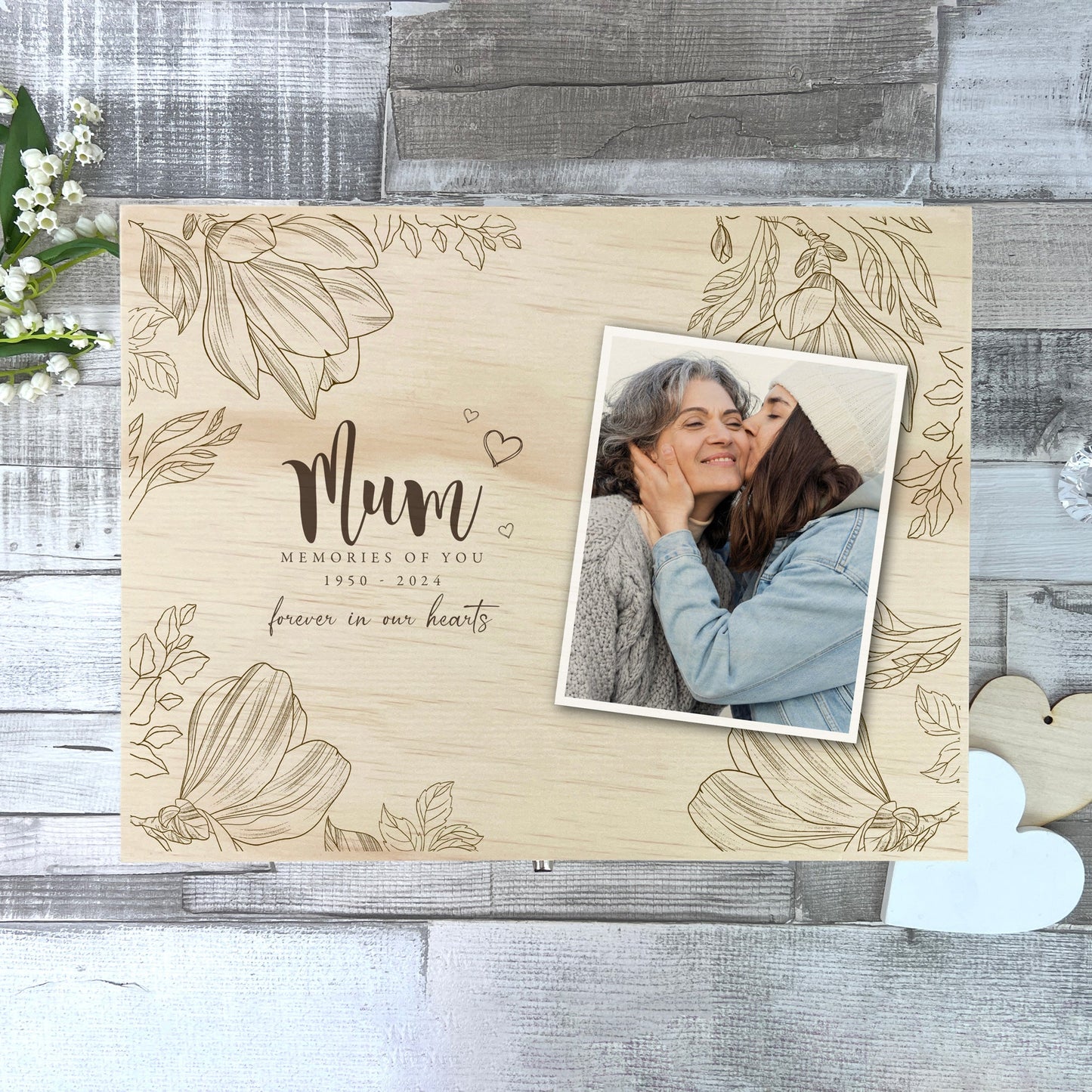 Personalised Floral Wooden Memorial Photo Keepsake Memory Box - 5 Sizes