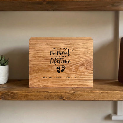 Personalised Slim Oak Urn For Cremation Ashes - Angel Baby Design