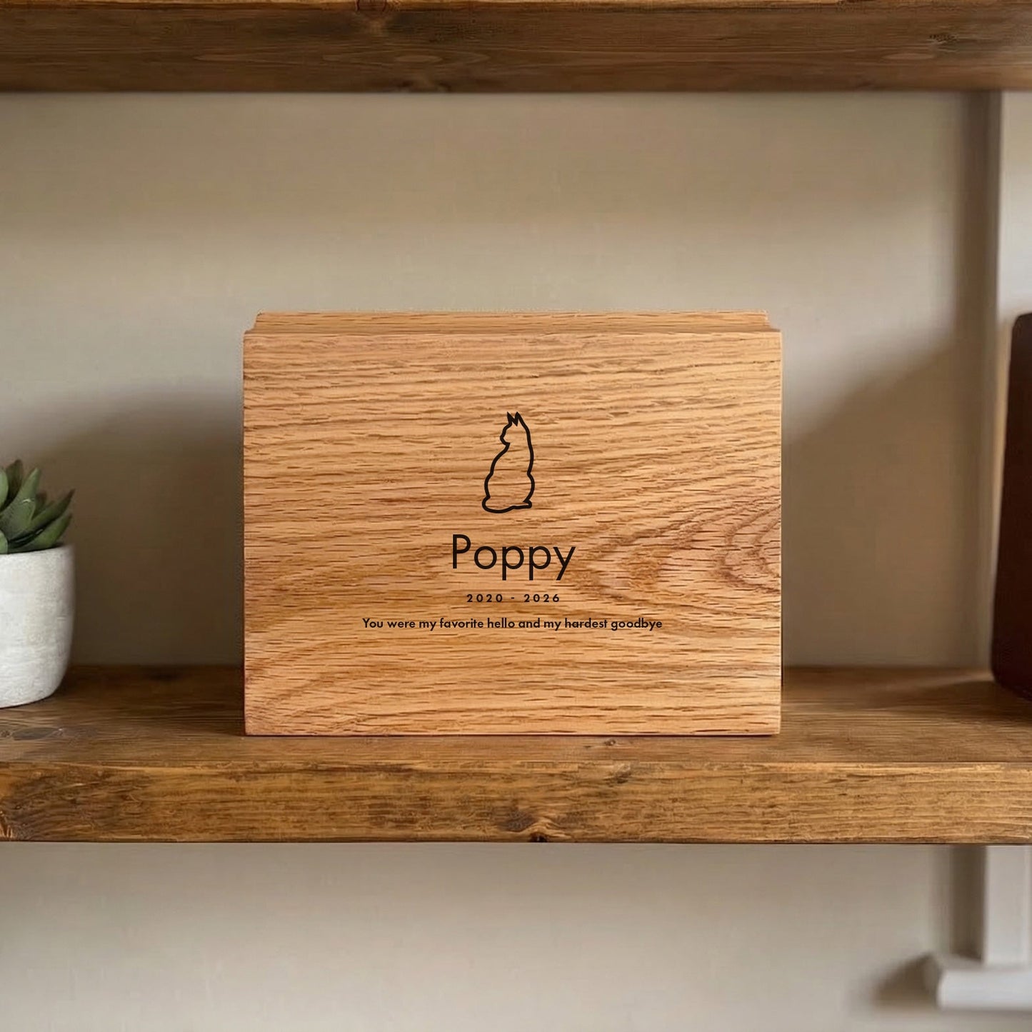 Personalised Slim Pet Oak Urn For Cremation Ashes - Dog/Cat Design
