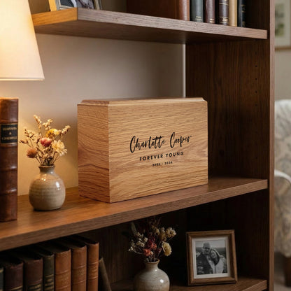 Personalised Slim Oak Urn For Cremation Ashes - Modern Script Design