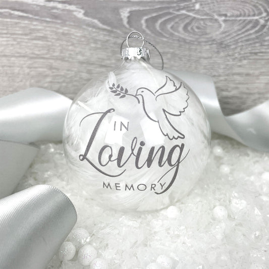 Personalised White Feather Filled In Loving Memory Glass Memorial Bauble