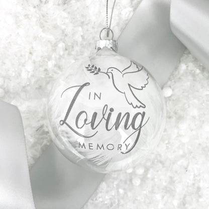 Personalised White Feather Filled In Loving Memory Glass Memorial Bauble