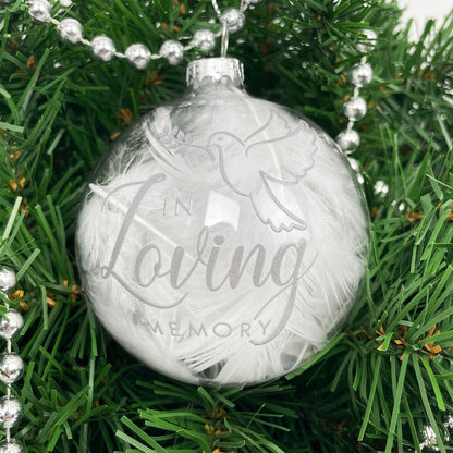 Personalised White Feather Filled In Loving Memory Glass Memorial Bauble