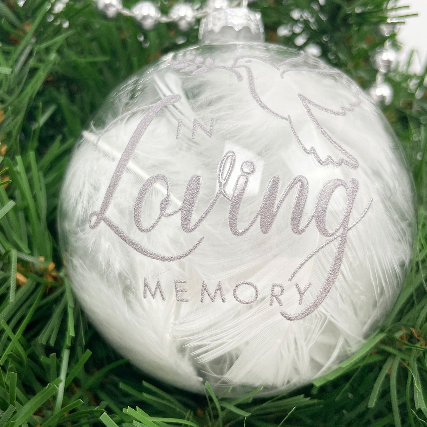 Personalised White Feather Filled In Loving Memory Glass Memorial Bauble