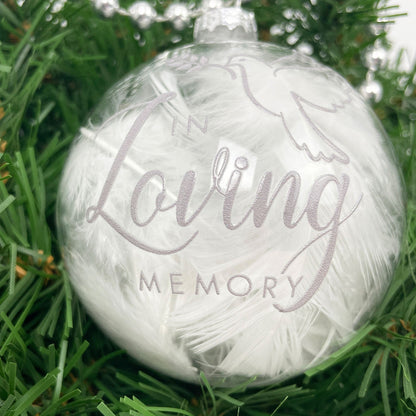 Personalised White Feather Filled In Loving Memory Glass Memorial Bauble