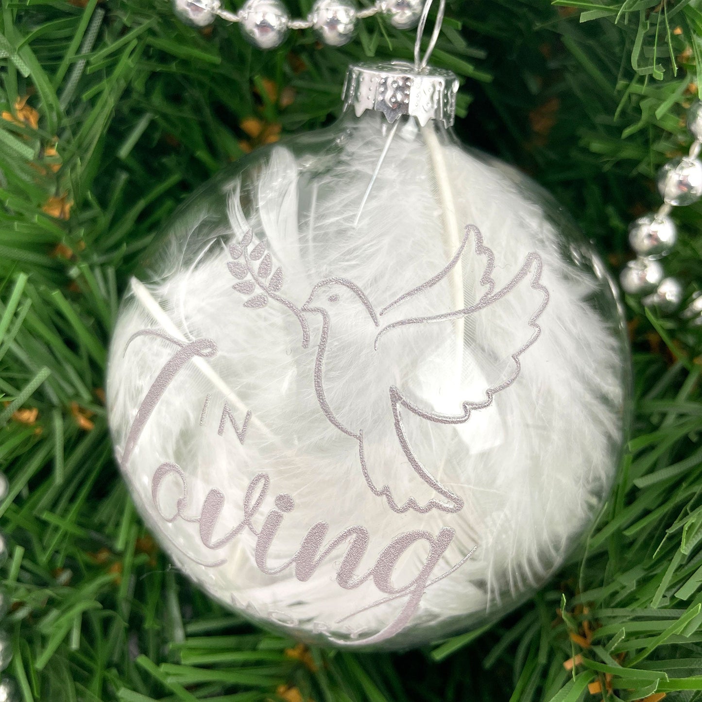 Personalised White Feather Filled In Loving Memory Glass Memorial Bauble