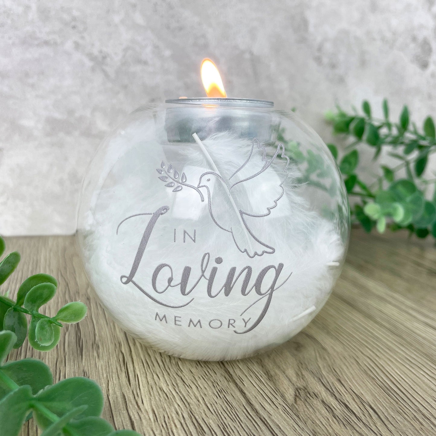 Personalised Feather Filled Glass In Loving Memory Tea Light Holder