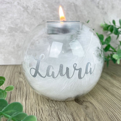 Personalised Feather Filled Glass In Loving Memory Tea Light Holder